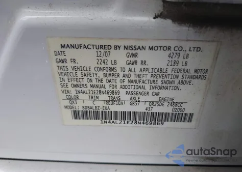 2008 Nissan Altima 2.5 S from USA, damaged, VIN 1N4AL21E28N469869
